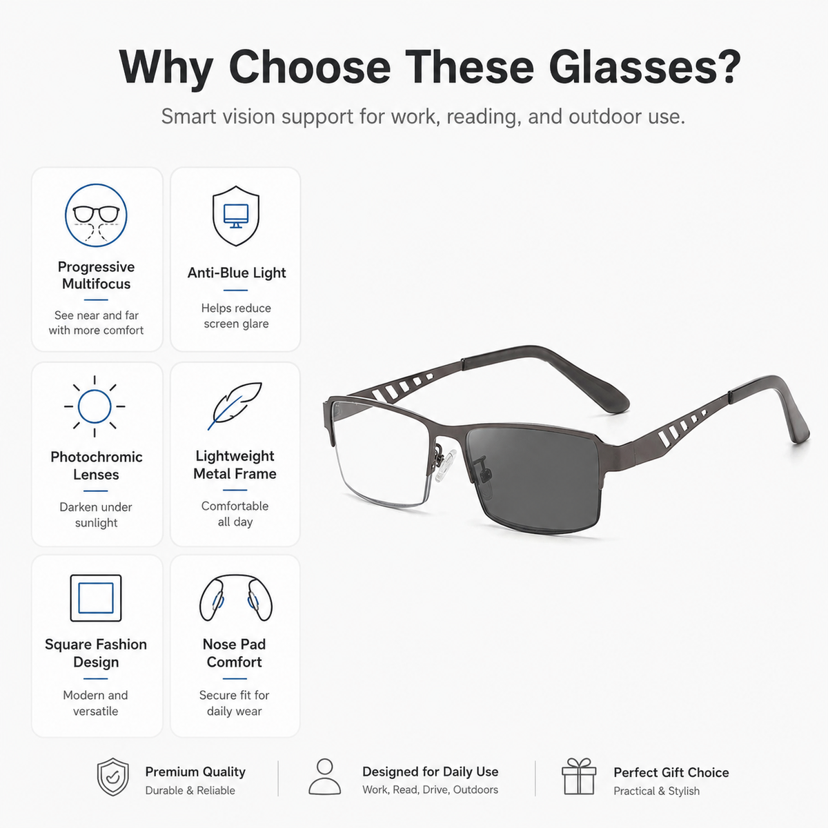 Progressive Multifocus Glasses — Clear Vision for Reading, Screens & Outdoors