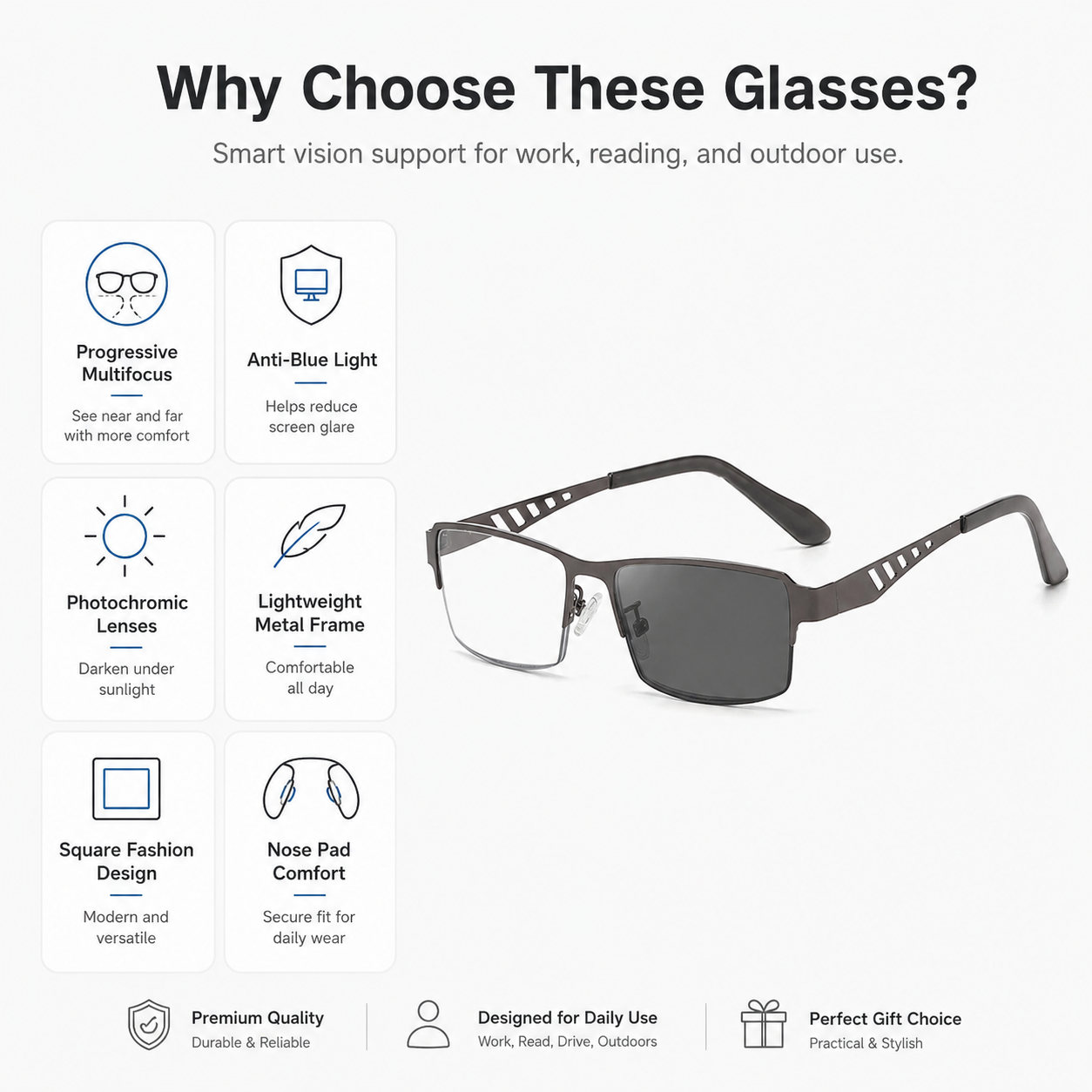 Progressive Multifocus Glasses — Clear Vision for Reading, Screens & Outdoors