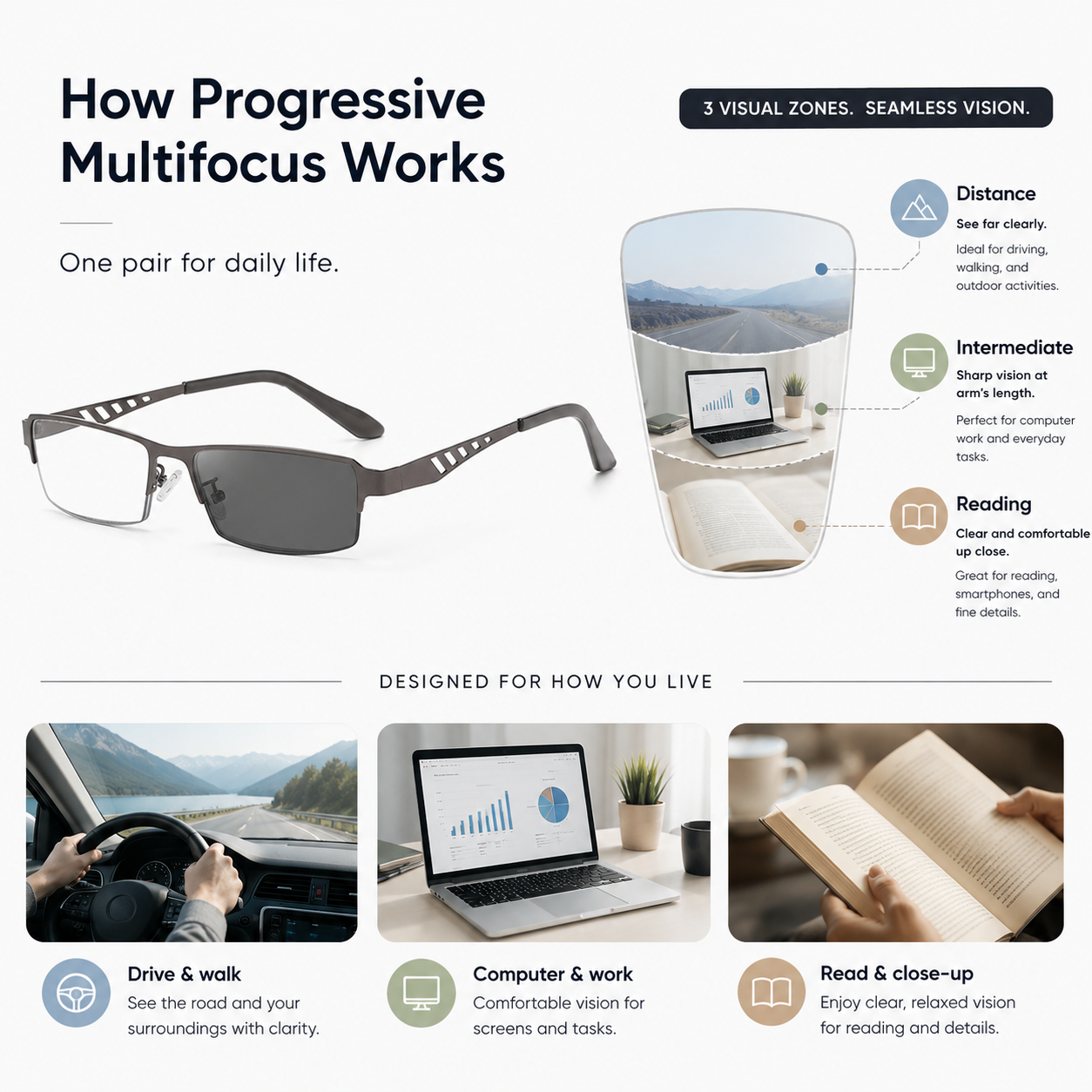 Progressive Multifocus Glasses — Clear Vision for Reading, Screens & Outdoors