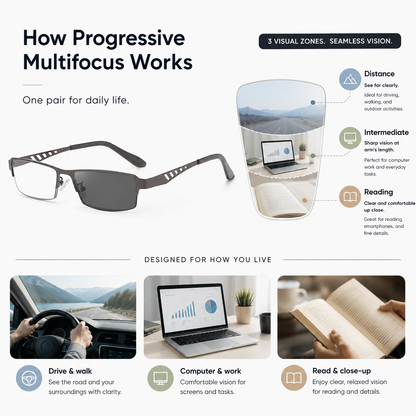 Progressive Multifocus Glasses — Clear Vision for Reading, Screens & Outdoors